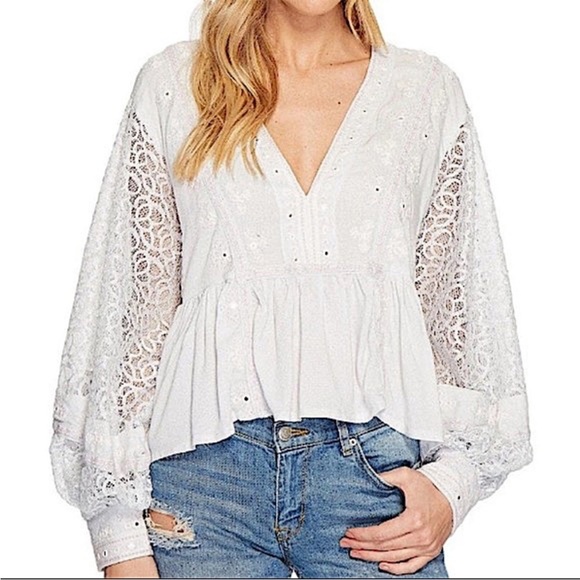 Free People Boogie All Night Baby Blue Bubble Sleeve Bouse - Picture 12 of 12